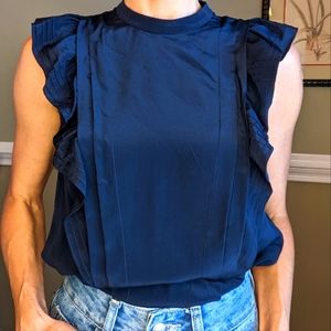 Rebecca Taylor | Navy 100% Silk Sleeveless Blouse with Ruffle Detail